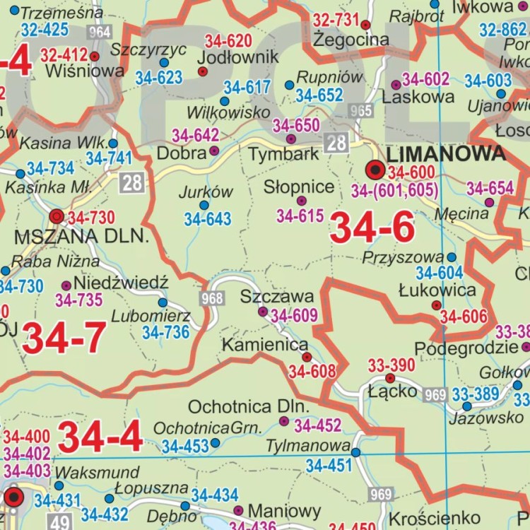 Polska 1:350 000. Mapa ścienna. Kody pocztowe. Fragment 3