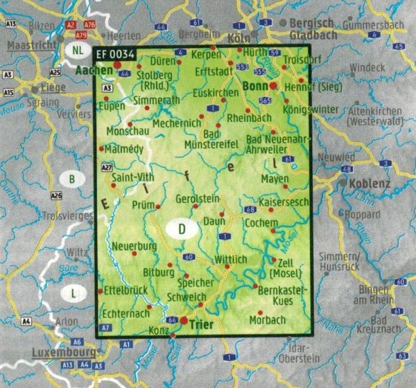 Eifel 1:170 000. Wodoodporna mapa turystyczna EF 0034 wydawnictwa Freytag & Berndt. Zasięg
