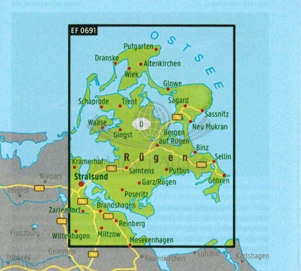 Rugia 1:85 000. Wodoodporna mapa turystyczna EF 0691. Freytag Bernd. Zasięg
