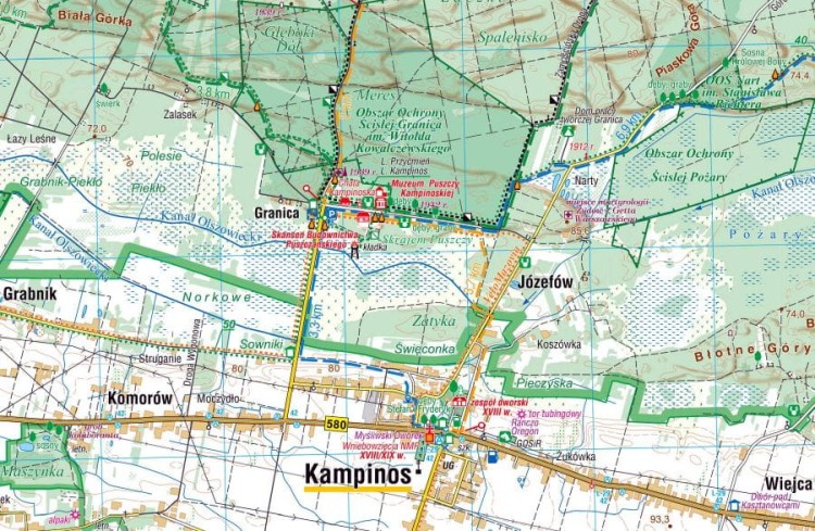 Kampinoski Park Narodowy 1:50 000. Laminowana mapa turystyczna wydawnictwa Compass. Fragment