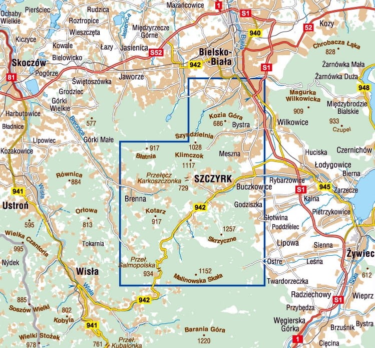 Szczyrk i okolice 1:25 000. Mapa turystyczna / Plan miasta wydawnictwa Compass. Zasieg