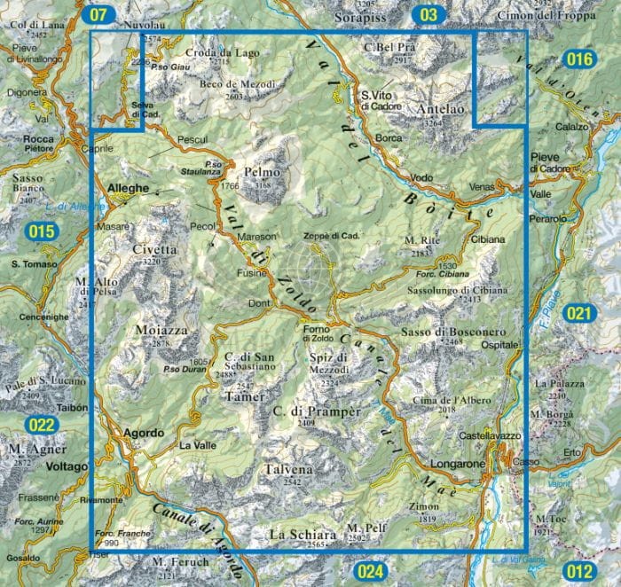 Dolomiti di Zoldo, Cadorine e Agordine . Wodoodporna mapa turystyczna 025 wydawnictwa Tabacco. Zasięg