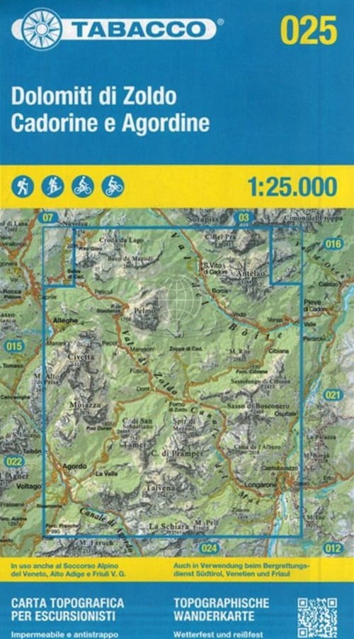 Dolomiti di Zoldo, Cadorine e Agordine . Wodoodporna mapa turystyczna 025. Tabacco
