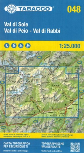 Val di Sole, Val di Peio, Val di Rabbi. Wodoodporna mapa turystyczna 048 wydawnictwa Tabacco. Okładka