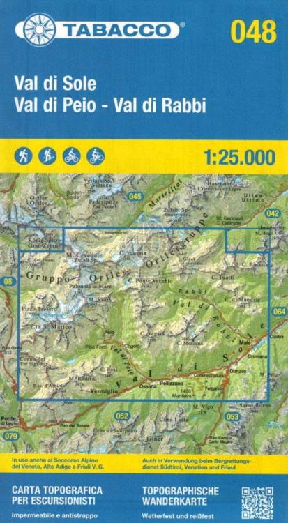 Val di Sole, Val di Peio, Val di Rabbi. Wodoodporna mapa turystyczna 048 wydawnictwa Tabacco. Okładka