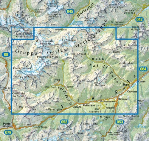 Val di Sole, Val di Peio, Val di Rabbi. Wodoodporna mapa turystyczna 048 wydawnictwa Tabacco. Zasięg