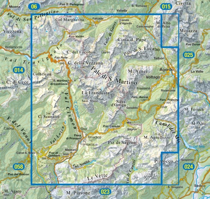 Pale di San Martino. Wodoodporna mapa turystyczna 022 wydawnictwa Tabacco. Zasieg
