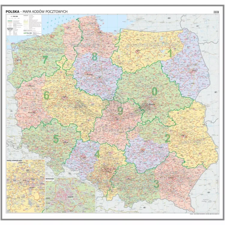 Polska 1:350 000. Mapa. Kody pocztowe. Wersja do wpinania