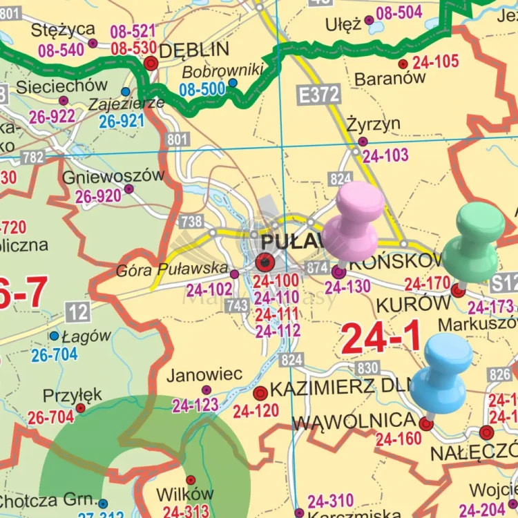 Polska 1:350 000. Mapa. Kody pocztowe. Wersja do wpinania. Fragment 1