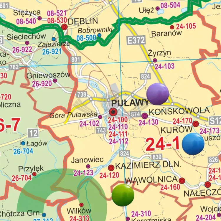 Polska 1:350 000. Mapa. Kody pocztowe. Wersja magnetyczna. Fragment 1