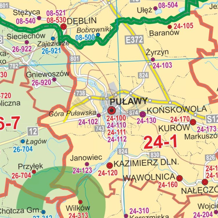 Polska 1:350 000. Arkusz, mapa ścienna. Kody pocztowe. Fragment 2