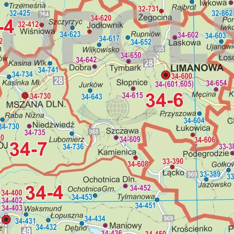 Polska 1:350 000. Arkusz, mapa ścienna. Kody pocztowe. Fragment 3