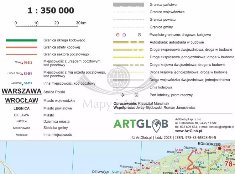 Polska 1:350 000. Arkusz, mapa ścienna. Kody pocztowe. Legenda