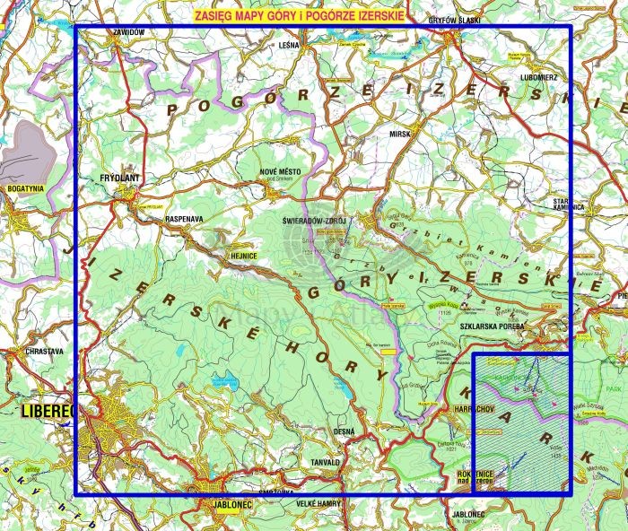 Góry i Pogórze Izerskie 1:50 000. Laminowana mapa turystyczna wydawnictwa Galileos. Zasięg