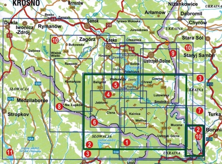Bieszczady 1:50 000. Bieszczadzki Park Narodowy. Laminowana mapa turystyczna wydawnictwa Galileos. Zasięg