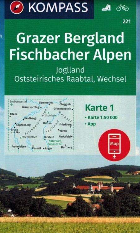 Grazer Bergland, Fischbacher Alpen. Zestaw dwóch map turystycznych 221 wydawnictwa Kompass. Mapa 1 - okładka