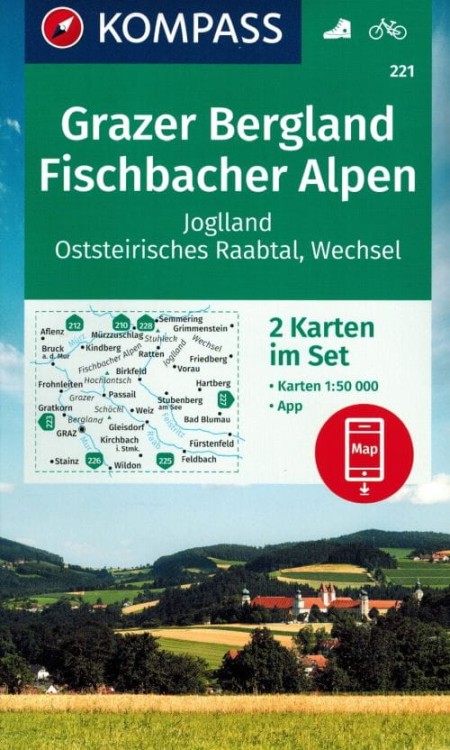 Grazer Bergland, Fischbacher Alpen. Zestaw dwóch map turystycznych 221 wydawnictwa Kompass. Okładka zestawu