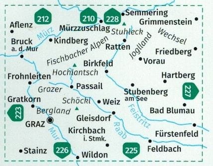 Grazer Bergland, Fischbacher Alpen. Zestaw dwóch map turystycznych 221 wydawnictwa Kompass. Zasięg zestawu