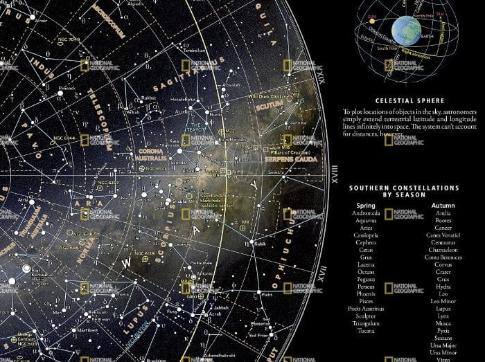 Nocne niebo - półkula południowa / The Night Sky. Wodoodporna mapa wydawnictwa National Geographic. Fragment 1