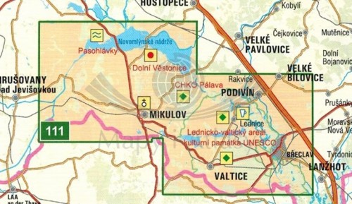 Zahrada Evropy. Lednicko - Valtice, Palava, Mikulov. Mapa turystyczna 111 w etui wydawnictwa Geodezie On Line. Zasięg