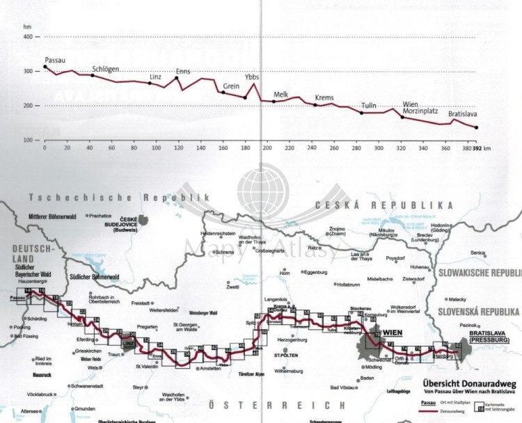 Donauradweg 2. Passau-Wiedeń-Bratysława. Laminowana mapa rowerowa 7004 wydawnictwa Kompass. Skorowidz arkuszy