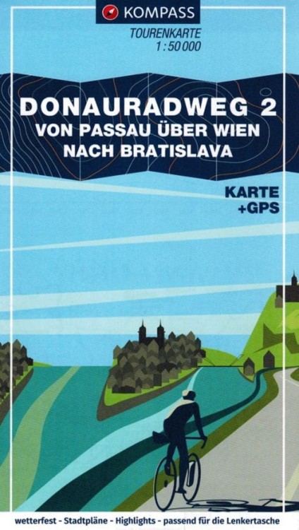 Donauradweg 2. Passau-Wiedeń-Bratysława. Laminowana mapa rowerowa 7004 wydawnictwa Kompass. Okładka