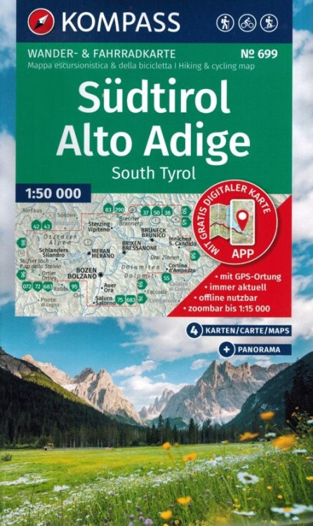 Południowy Tyrol, Trydent - Górna Adyga. Zestaw czterech map turystycznych 699 wydawnictwa Kompass. Okładka