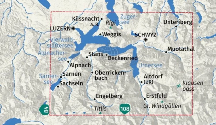 Vierwaldstattersee, Lucerna 1:40 000. Wodoodporna mapa turystyczna wydawnictwa Kompass. Zasięg