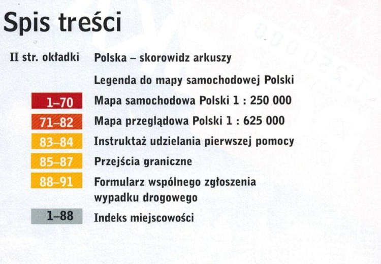 Polska 1:250 000. Atlas samochodowo-turystyczny wydawnictwa Demart. Spis treści