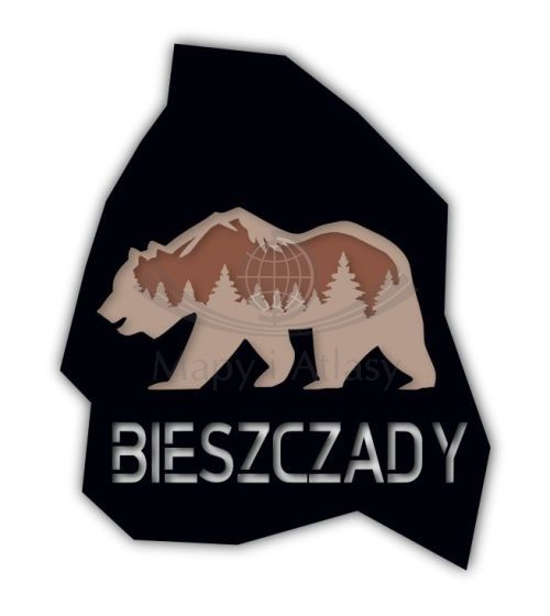 Magnes drewniany "Bieszczady – niedźwiedź z górami"