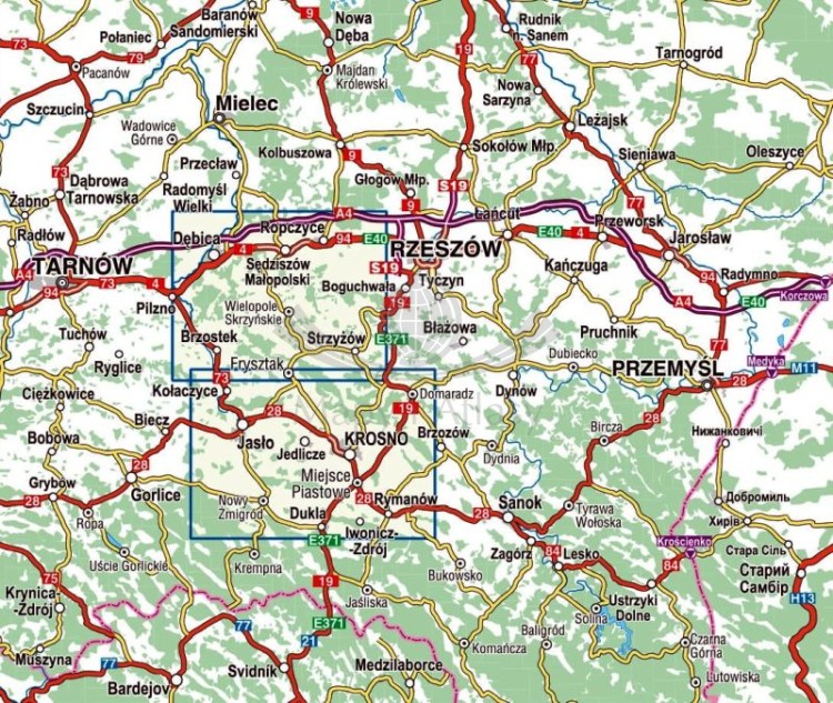 Pogórze Strzyżowskie. Jasło, Krosno, Dukla. Mapa turystyczna wydawnictwa Compass. Zasięg