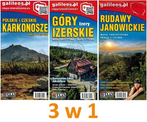Karkonosze, Góry Izerskie, Rudawy Janowickie. Zestaw: 3 x mapa turystyczna wydawnictwa Galileos. Zestaw
