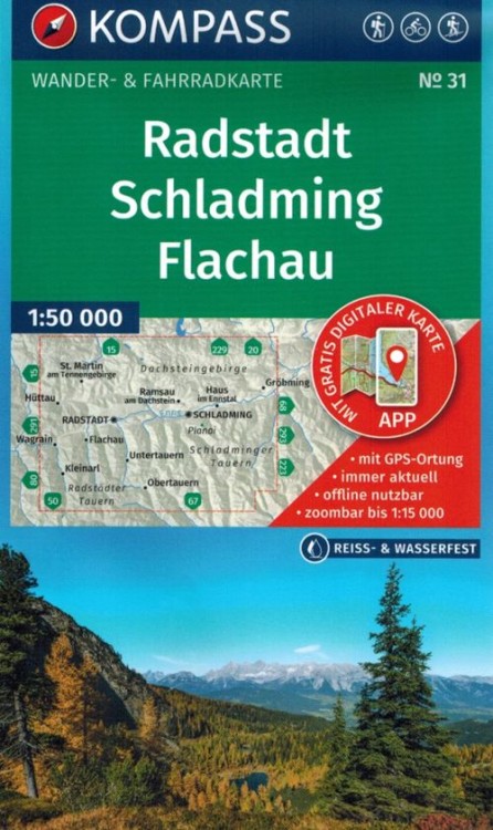 Radstadt, Schladming, Flachau, Dachstein, Niskie Taury. Wodoodporna mapa turystyczna 31 wydawnictwa Kompass. Okładka