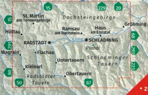Radstadt, Schladming, Flachau, Dachstein, Niskie Taury. Wodoodporna mapa turystyczna 31 wydawnictwa Kompass. Zasięg