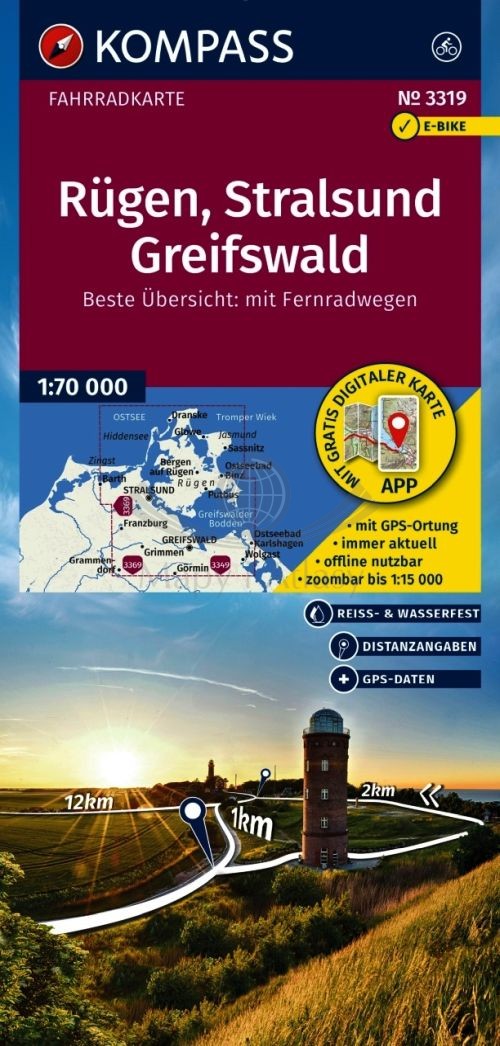 Rugia, Stralsund, Greifswald 1:70 000. Wodoodporna mapa turystyczna, rowerowa 3319. Wyd. 2025. Kompass