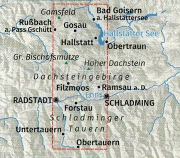 Niskie Taury. Dachsteingebirge, Schladminger Tauern. Zestaw trzech map turystycznych 293 wydawnictwa Kompass. Mapa 1 - zasięg