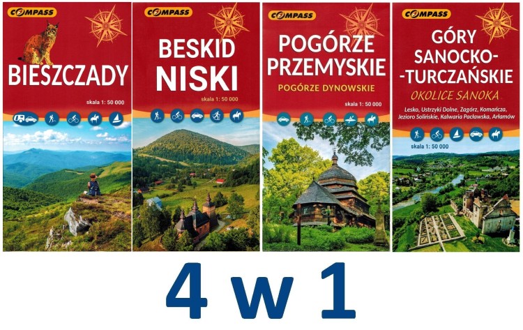 Bieszczady, Beskid Niski, Pogórze Przemyskie i okolice Sanoka 1:50 000. Zestaw czterech map turystycznych wydawnictwa Compass