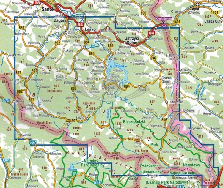 Bieszczady 1:50 000. Mapa turystyczna wydawnictwa Compass. Zasięg
