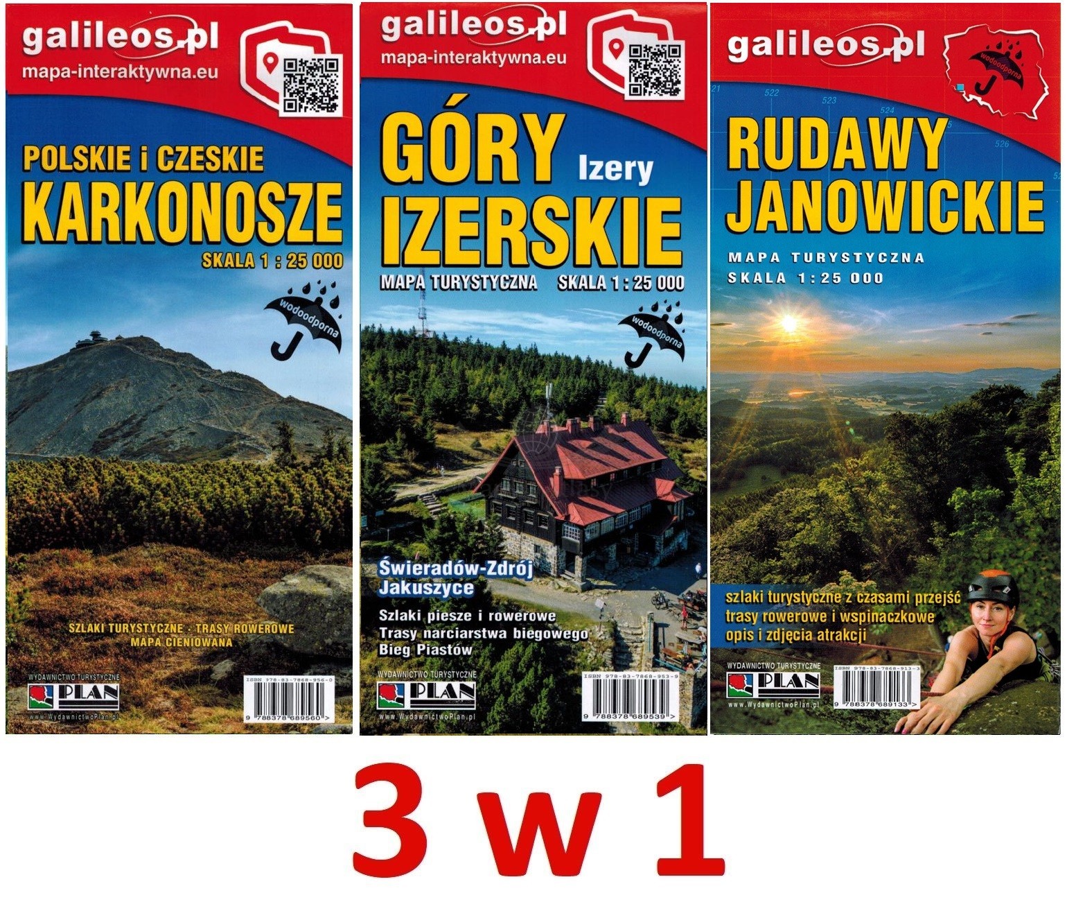 Karkonosze, Góry Izerskie, Rudawy Janowickie. Zestaw: 3 x laminowana mapa turystyczna. Wyd. 2025. Galileos