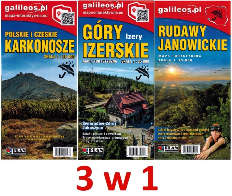Karkonosze, Góry Izerskie, Rudawy Janowickie. Zestaw 3 laminowanych map turystycznych wydawnictwa Galileos