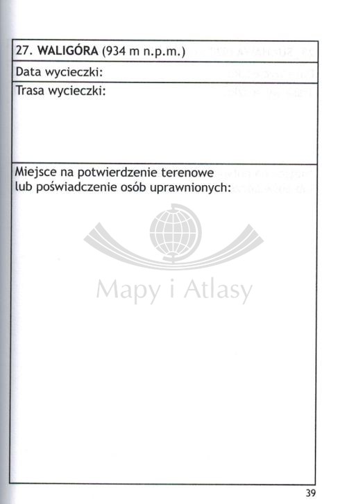 Książeczka odznaki turystycznej "Znam Sudety Wałbrzyskie". Miejsce na potwierdzenie - przykładowy fragment