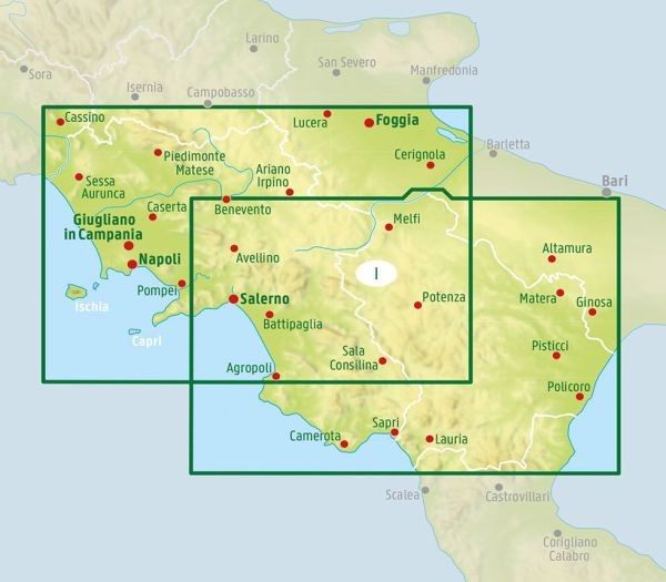 Kampania, Basilicata. Neapol, Salerno, Potenza. Mapa samochodowo-turystyczna wydawnictwa Freytag Berndt. Zasięg