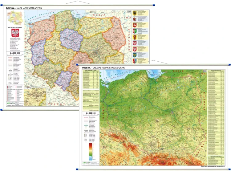 Polska 1:1 000 000. Dwustronna mapa ścienna. Administracyjna i fizyczna