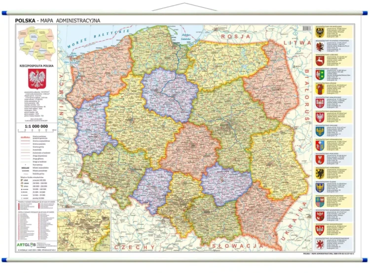Polska 1:1 000 000. Dwustronna mapa ścienna. Administracyjna i fizyczna. Strona administracyjna
