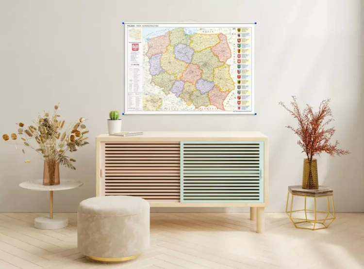 Polska 1:1 000 000. Dwustronna mapa ścienna. Administracyjna i fizyczna. Strona administracyjna - przykład aranżacji