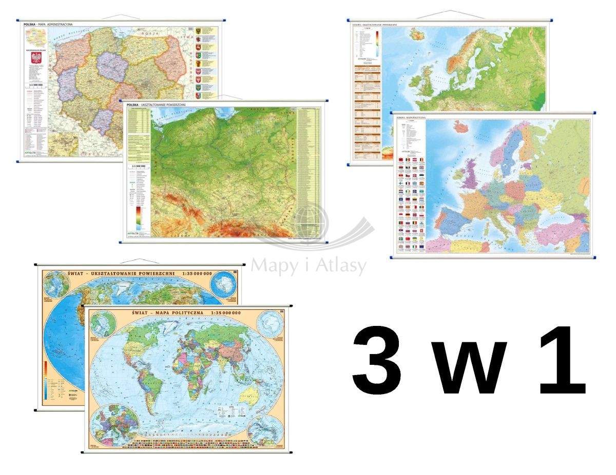 Polska, Europa, świat. Zestaw: 3 x dwustronna mapa ścienna. Polityczna / fizyczna. ArtGlob