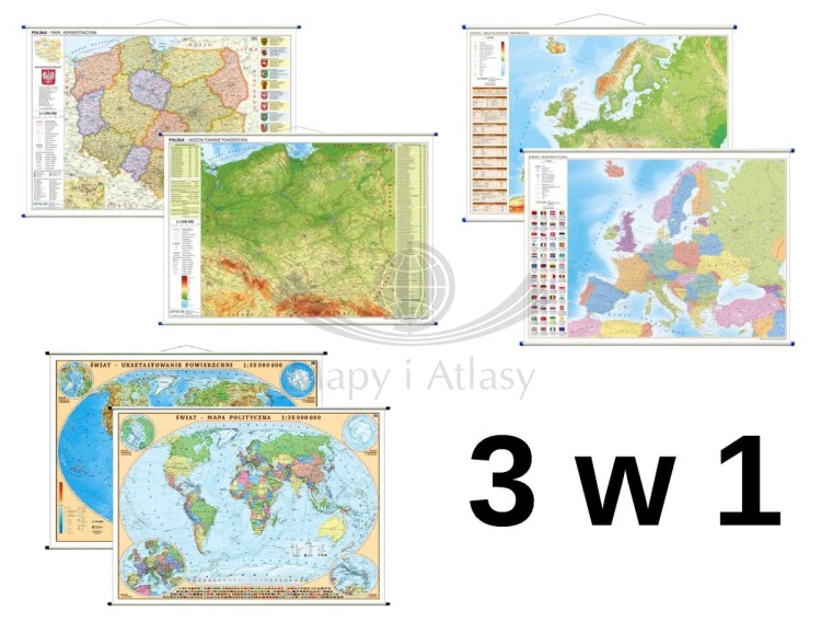 Polska, Europa, świat. Zestaw: 3 x dwustronna mapa ścienna. Polityczna / fizyczna. ArtGlob