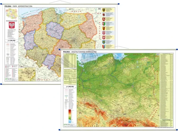 Polska 1:1 000 000. Dwustronna mapa ścienna. Administracyjna i fizyczna