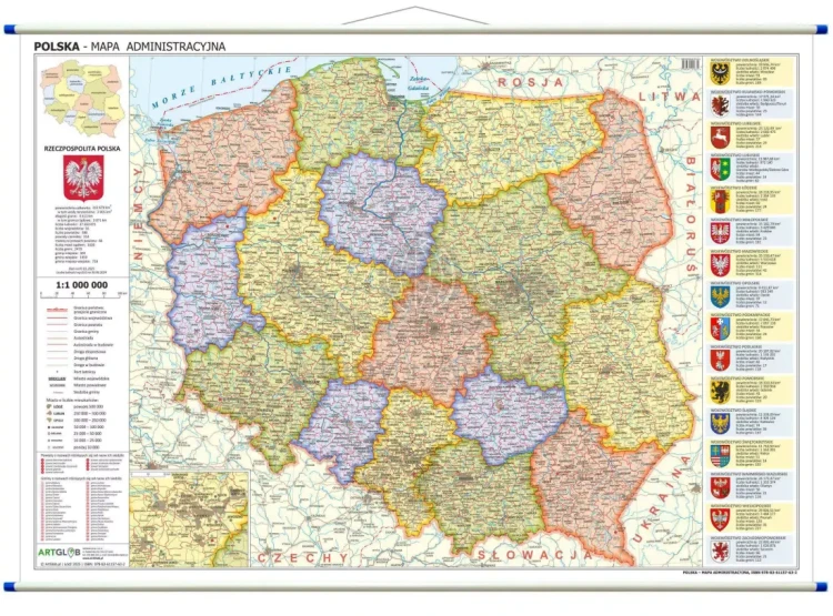 Polska 1:1 000 000. Dwustronna mapa ścienna. Administracyjna i fizyczna. Strona administracyjna