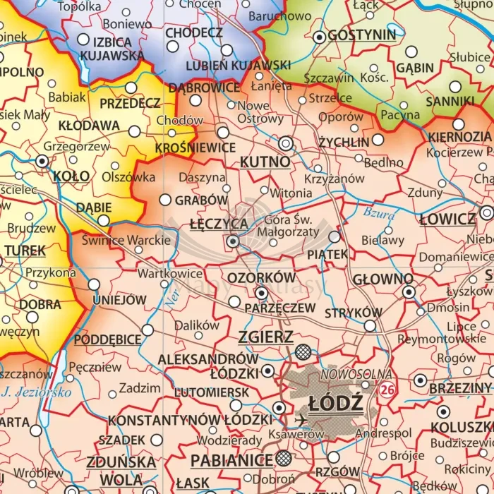 Polska 1:1 000 000. Dwustronna mapa ścienna. Administracyjna i fizyczna. Strona administracyjna - fragment